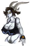  anthro big_breasts bottomless breasts brown_hair caprine claws clothed clothing ear_piercing female fenris49 fishnet goat hair horizontal_pupils horn huge_breasts mammal pale_skin piercing pubes pussy satyr solo surprise wide_hips yellow_sclera 