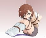  bdsm bondage bound brown_eyes brown_hair gag gagged hair_ornament hairpin highres improvised_gag loose_socks misaka_mikoto mouth_hold panties pantyshot pantyshot_(sitting) rope_gag school_uniform sharpffffff sitting socks solo striped striped_panties sweater_vest to_aru_kagaku_no_railgun to_aru_majutsu_no_index underwear 