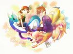  2boys baseball_cap black_hair brown_hair copyright_name dragonair hat multiple_boys ninetales ookido_green pokemon pokemon_(game) pokemon_rgby red_(pokemon) san_(tinami) 