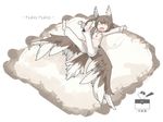  bird_tail brown_hair closed_eyes head_wings ibis1 japanese_postal_mark lying monster_girl on_back open_mouth original pajamas pillow short_hair short_hair_with_long_locks solo stretch white_background wings 