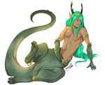  2016 black_claws black_horn claws crown dragon english_text featureless_crotch green_hair green_scales hair half-closed_eyes horn human hybrid jewelry long_hair looking_at_viewer lying male mammal myloveless navel nude on_side orange_eyes raised_leg scales semi-anthro signature simple_background solo spots text tiara toe_claws white_background 