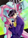  :o anchor_symbol black_hair blue_eyes crazy_diamond dice earrings from_side gakuran higashikata_jousuke jewelry jojo_no_kimyou_na_bouken joka_(night_gate) male_focus peace_symbol school_uniform stand_(jojo) 