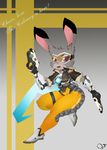  2016 anthro blizzard clothing crossover cute disney female fur grey_fur hi_res judy_hopps lagomorph long_ears looking_at_viewer mammal open_mouth overwatch purple_eyes rabbit simple_background smile solo teeth tracer video_games zootopia zzvinniezz 