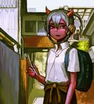  1girl backpack cellphone demon_girl demon_horns fangs female headphones horns looking_at_viewer monster_girl open_mouth original red_skin short_hair solo sugimoto_gang white_hair white_shirt 