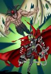  2boys cape chains claws crossover demon demon_wings devilman devilman_(character) glowing glowing_eyes green_eyes gun head_wings highres holding holding_gun holding_weapon image_comics kyuhri_miyazato male_focus mask multiple_boys skull spawn spawn_(spawn) spikes superhero tail weapon wings 