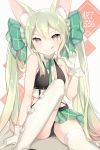  1girl :q animal_ear_fluff animal_ears art556_(girls_frontline) bangs bare_shoulders black_panties bow braid breasts brown_eyes cleavage closed_mouth commentary girls_frontline gloves green_bow green_hair green_skirt hair_between_eyes hair_bow hand_up highres knee_up leafwow long_hair looking_at_viewer medium_breasts panties pleated_skirt sitting skirt smile solo thighhighs tongue tongue_out twintails underwear v-shaped_eyebrows very_long_hair white_gloves white_legwear 