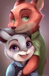  2016 anthro buckteeth canine claws clothed clothing disney duo female fox fur green_eyes grey_fur hug judy_hopps lagomorph looking_at_viewer male mammal nick_wilde police purple_eyes rabbit red_fur romantic_couple simple_background smile teeth tragobear zootopia 