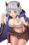  blush breasts brown_eyes camieux cleavage draph granblue_fantasy hood horns jacket kurione_(zassou) large_breasts long_hair long_sleeves looking_at_viewer low_twintails midriff open_clothes open_jacket shorts silver_hair solo tears trembling twintails wide_sleeves 