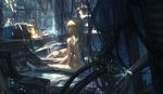  blonde_hair broken broken_glass cable crash_landing from_behind glass long_hair multiple_girls nude original ox_(baallore) sitting sparks wreckage 