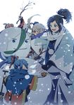  black_hair blue_eyes blue_hair branch eyes_visible_through_hair food fruit hair_over_one_eye hat ima-no-tsurugi japanese_clothes male_focus mole mole_under_eye multiple_boys oooocha open_mouth persimmon ponytail red_eyes sayo_samonji scarf shovel smile snowflakes snowman tokin_hat touken_ranbu white_hair yamato-no-kami_yasusada 