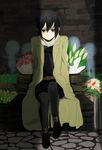  1girl androgynous artist_request belt belts black_eyes black_hair boxes crates flower kino kino_no_tabi long_coat scarf short_hair sitting solo straps tagme 