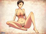  bikini breasts brown_hair cleavage curie_(fallout_4) fallout fallout_4 front-tie_top highres large_breasts navel short_hair sitting swimsuit 