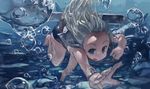  air_bubble barefoot belt blonde_hair blue_eyes bubble freediving kantai_collection long_hair looking_at_viewer one-piece_tan open_mouth ph. ro-500_(kantai_collection) rock sailor_collar school_swimsuit solo swimming swimsuit swimsuit_under_clothes tan tanline torpedo underwater water 