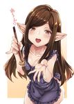  apron arulumaya blush brown_eyes brown_hair chopsticks collarbone food granblue_fantasy harvin heart long_hair looking_at_viewer mole mole_under_eye mushi024 naked_apron open_mouth pointy_ears simple_background smile solo teeth 