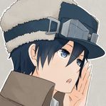  1girl androgynous artist_request black_eyes black_hair brimmed_hat close-up close_up coat fur goggles hand_over_mouth hat kino kino_no_tabi short_hair solo 