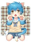  animal_ears bell blue_hair bow brown_eyes cat_ears cat_paws cat_tail chestnut_mouth child dramatical_murder fang gloves highres kuronohana male_focus open_mouth paw_gloves paw_print paws plaid plaid_background sailor_collar seragaki_aoba shorts sitting solo tail wariza younger 