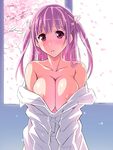  areolae blush breasts character_request cherry_blossoms cleavage copyright_request large_breasts long_hair off_shoulder petals pink_eyes pink_hair shirt solo suzutsuki_kurara twintails 