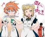  4girls alternate_costume aqua_hair black_hair blonde_hair blush brown_hair commentary demi-chan_wa_kataritai demon_girl disembodied_head double_bun dullahan enmaided fang fire green_fire hand_on_hip highres kusakabe_yuki_(demi-chan_wa_kataritai) machi_kyouko maid multiple_girls one_eye_closed open_mouth satou_sakie short_hair spoken_ellipsis succubus suzusato_rinka takanashi_hikari track_suit yellow_eyes 