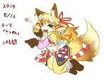  &lt;3 bell breasts canine detached_sleeves fangs female fox hair_ribbon japanese_text mammal midriff ni_jikan pigtails ribbons rope signature simple_background solo text white_background 