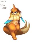  anthro big_breasts breasts female floatzel japanese_text mammal multi_tail mustelid ni_jikan nintendo nude pok&eacute;mon signature simple_background solo text video_games white_background 