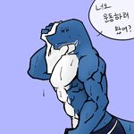  anthro croiyan hi_res korean_text male purple_background reptile scalie simple_background snake solo sport sweat text translation_request 