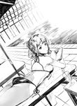  ass back bangs beach_umbrella bendy_straw bikini blue_eyes book breasts cocktail_glass copyright_request cup drink drinking_glass drinking_straw dutch_angle greyscale hai_ookami hair_bun heterochromia highres holding holding_book ice ice_cube indoors limited_palette looking_at_viewer lying medium_breasts monochrome mouth_hold on_stomach open_book pillar ponytail pool poolside red_lips sideboob sketch solo string_bikini swimsuit tile_floor tiles umbrella water yellow_eyes 