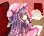  bad_id bad_pixiv_id blue_hair book bow crescent crescent_hair_ornament finger_to_mouth hair_ornament hat hat_bow highres himemurasaki long_hair mob_cap multiple_girls patchouli_knowledge purple_eyes purple_hair remilia_scarlet sleeping touhou 