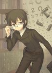  1girl androgynous artist_request bag belt black_eyes black_hair book book_shelf bullets eye_test glasses gun hand_bag holster kino kino_no_tabi looking_at_viewer short_hair solo tagme weapon 