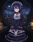  1girl androgynous artist_request black_hair blue_eyes buildings dress flat_chest flower gothic gothic_lolita kino kino_no_tabi laces lolita_fashion night painted_nails ribbon rose short_hair skull sky solo table window 