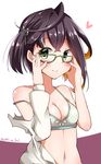  adjusting_eyewear ahoge bare_shoulders black_hair bra breasts brown_hair cleavage glasses green-framed_eyewear heart kantai_collection looking_at_viewer multicolored_hair off_shoulder okinami_(kantai_collection) shirt short_hair side_ponytail small_breasts smile solo torn_clothes twitter_username underwear upper_body white_bra white_shirt yuuki_hb 