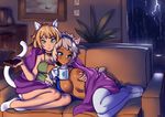  2girls animal_ears bell bell_collar blanket blonde_hair blue_eyes blush bookshelf borrowed_character breast_grab breasts cat_ears cat_tail collar controller couch cup dark_skin elbow_gloves freckles gloves grabbing green_eyes hairband jingle_bell large_breasts lightning_bolt mug multiple_girls nipples original panties portrait_(object) rain remote_control sapphicneko_(sapphicneko) shephira_(cert) short_hair smile socks tail thighhighs typo_(requiemdusk) underwear white_gloves white_legwear white_panties window yuri 