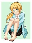  barefoot blonde_hair ellen_baker feet full_body green_eyes highres jacket knees_to_chest leg_hug legs long_hair low_ponytail new_horizon ponpon scrunchie shirt simple_background sitting skirt smile solo toenail_polish toes 