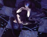  black_hair black_rock_shooter blue_eyes cropped dhiea dress kuroi_mato long_hair parody ribbons scan signed sword thighhighs vocaloid weapon world_is_mine_(vocaloid) 