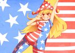  american_flag american_flag_dress american_flag_legwear arm_up bad_id bad_pixiv_id blonde_hair blush clownpiece dutch_angle flag_background grin hat highres jester_cap long_hair looking_at_viewer pantyhose print_legwear red_eyes short_sleeves smile solo star striped touhou v ybth9190 