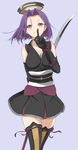  adapted_costume arm_behind_back bare_shoulders black_gloves breasts elbow_gloves finger_to_mouth glaive gloves hair_intakes highres japanese_clothes kantai_collection kisetsu lavender_background looking_at_viewer mechanical_halo medium_breasts purple_eyes purple_hair short_hair shushing simple_background sleeveless smile solo tatsuta_(kantai_collection) thighhighs weapon zettai_ryouiki 