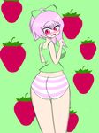  ass blush bow breasts green looking_back pink pink_hair ponytail red_eyes strawberries striped_panties xsilnv 