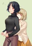  ^_^ ahoge bad_id bad_pixiv_id bangs black_hair blonde_hair breasts cardigan closed_eyes eighth_note eyebrows eyebrows_visible_through_hair holding_hands hug hug_from_behind humming kumagai_yuuko large_breasts maruishi multiple_girls musical_note nasu_rei open_cardigan open_clothes pants red_eyes ribbed_sweater short_hair simple_background skirt smile standing sweater turtleneck world_trigger 