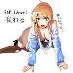  bare_shoulders blonde_hair blue_eyes bra breasts cleavage downblouse ellen_baker hanging_breasts high_heels highres large_breasts long_hair new_horizon scrunchie simple_background solo sweater thighhighs tok torn_clothes torn_legwear translated underwear white_background 