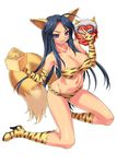  absurdres animal_ears animal_print beans black_hair boots breasts cleavage elbow_gloves fox_ears fox_tail gloves grin high_heels highres kneeling large_breasts long_hair looking_at_viewer navel ngo oni_mask original purple_eyes setsubun simple_background smile solo tail tiger_print white_background 