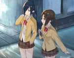  black_eyes black_hair brown_eyes brown_hair buttons checkered checkered_skirt collarbone hair_over_one_eye hand_in_pocket long_hair long_sleeves multiple_girls open_mouth pleated_skirt ponytail red_ribbon ribbon school_uniform seitokai_yakuindomo shirt skirt toki_(seitokai_yakuindomo) tsuda_kotomi twintails twitter_username white_shirt yuki_arare 