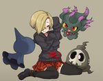  blonde_hair closed_eyes crossover duskull gazacy_(dai) gen_2_pokemon gen_3_pokemon hair_over_one_eye hairband idolmaster idolmaster_cinderella_girls misdreavus open_mouth pokemon pokemon_(creature) shirasaka_koume shuppet sitting skirt smile 