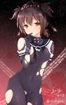  2016 antenna_hair blush bodysuit breasts brown_eyes brown_hair chiyingzai covered_navel covered_nipples dated finger_in_mouth hachimaki hair_flaps hairband hatsuzuki_(kantai_collection) headband kantai_collection looking_at_viewer short_hair small_breasts solo tears torn_bodysuit torn_clothes twitter_username 