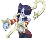  1girl blue_hair blue_skin cleavage detached_collar detached_sleeves female hair_over_one_eye leviathan_(skullgirls) red_eyes skullgirls squigly_(skullgirls) stitched_mouth stitches striped_sleeves zombie 