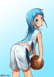  :o absurdres alternate_costume ass back ball bangs bare_shoulders basketball basketball_uniform belly_peek black_bra blue_background blue_eyes blue_hair blush bra bra_peek clothes_writing cowboy_shot fingernails flat_chest from_behind from_side gradient gradient_background gym_shorts highres holding holding_ball kantai_collection kashisu_mint kneepits leaning_forward long_fingernails long_hair looking_back midriff national_basketball_association number open_mouth orlando_magic pantylines parted_bangs pinstripe_pattern samidare_(kantai_collection) shorts sidelocks solo sports_bra sportswear striped surprised sweat tank_top twitter_username underwear very_long_hair white_shorts 