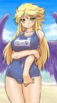  angel_wings beach blonde_hair blush breasts breath_of_fire breath_of_fire_ii cloud day dr.p green_eyes large_breasts legs long_hair nina_(breath_of_fire_ii) ocean purple_wings solo source_request swimsuit wings 