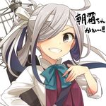  ahoge asashimo_(kantai_collection) banned_artist blouse bow bowtie dress grey_eyes hair_over_one_eye hand_on_own_chest headband kantai_collection long_hair long_sleeves looking_at_viewer multicolored_hair ponytail purple_hair remodel_(kantai_collection) school_uniform silver_hair simple_background sleeveless sleeveless_dress sleeves_folded_up smile solo teeth translated upper_body white_background white_blouse yopan_danshaku 