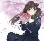  blush bouquet brown_eyes brown_hair cherry_blossoms diploma flower highres hitode long_hair looking_at_viewer original pleated_skirt school_uniform serafuku skirt smile solo tears white_background 