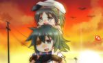  artist_name bangs blush_stickers carrying chibi commentary diving_mask diving_mask_on_head eyepatch gloves green_eyes green_hair grey_eyes grey_hair hat japanese_flag kantai_collection kiso_(kantai_collection) maru-yu_(kantai_collection) multiple_girls open_mouth outdoors parted_bangs power_lines short_hair shoulder_carry sky smile sun sunset taisa_(kari) 