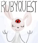  anthro big_ears cheetoo clothing crying_blood dress english_text eyes_closed female fur girlish_figure lagomorph looking_at_viewer mammal rabbit raised_arm red_eyes ruby_(rq) ruby_quest simple_background smile solo standing text third_eye white_fur 