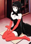  animated animated_gif black_dress black_hair bob_cut breasts cape cleavage cosplay dress durarara!! elbow_gloves glasses gloves jewelry large_breasts necklace on_floor red_gloves red_legwear short_hair sitting solo sonohara_anri strapless strapless_dress thighhighs wariza 